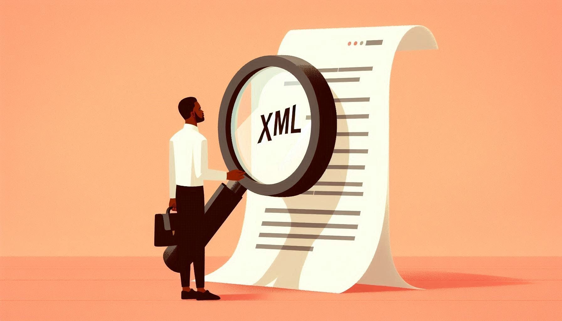 A person with a white shirt and black trousers holding a brief case inspecting a giant xml doc with a giant maginfying glass.