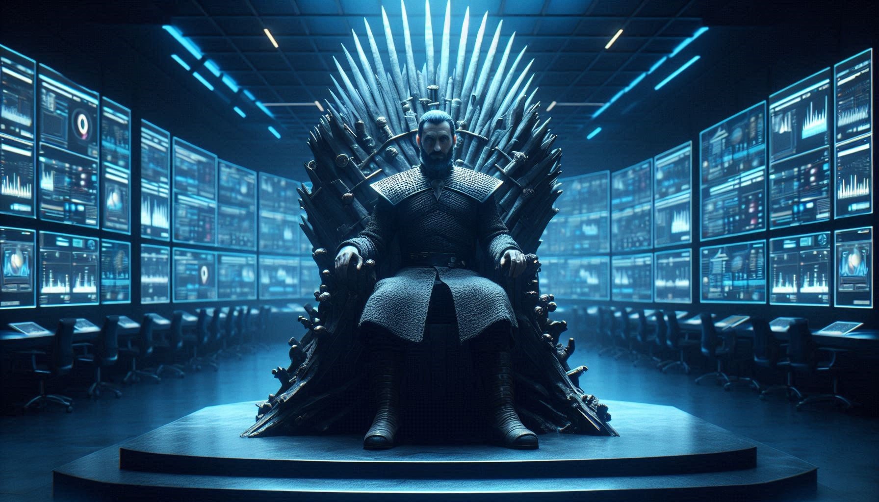 Some one sitting on a throne of swords surrounded by computer monitors.