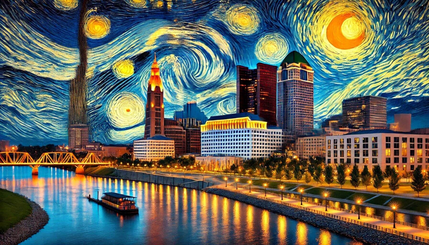 Columbus skyline with a van Gogh inspired starry night. Generated by AI.