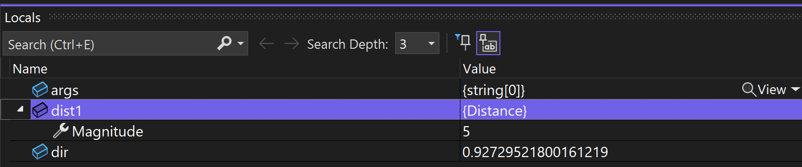 Visual Studio locals view of the class