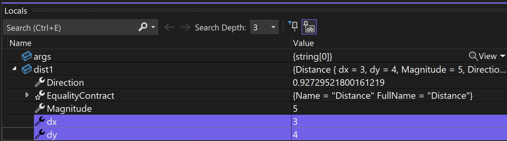 Visual Studio locals view of the record