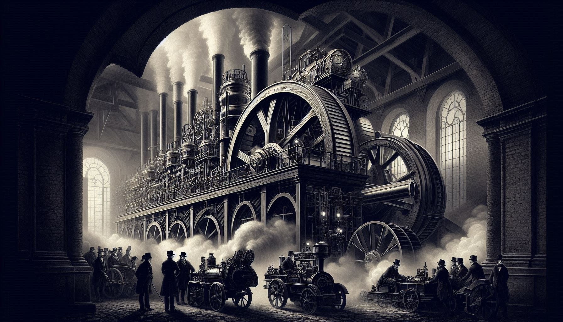 A large iron machine powered by steam and coal in the style of the 1860s. Located in a foundary with people walking around the base.